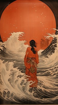 Japanese wood block print illustration of hurricane ocean adult robe.
