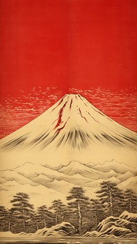 Japanese wood block print illustration of fuji mountain nature art stratovolcano.