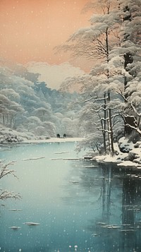 Japanese wood block print illustration of frozen lake landscape outdoors nature.