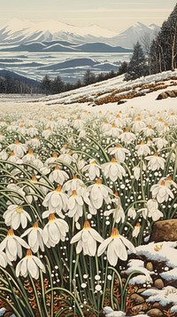 Japanese wood block print illustration of snowdrop flower field landscape outdoors nature.