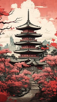 Japanese wood block print illustration of japanese temple architecture tradition building.