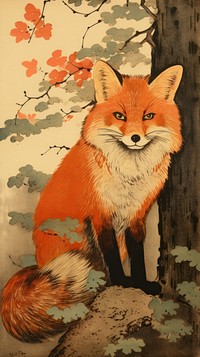 Japanese wood block print illustration of red fox wildlife animal mammal.