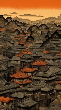 Japanese wood block print illustration of town architecture building outdoors.