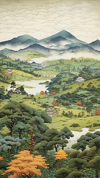 Japanese wood block print illustration of countryside wilderness vegetation landscape.