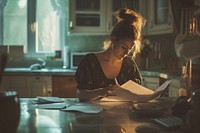 Woman working with paperwork in kitchen reading writing concentration.