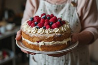 Elderly woman holding birthday cake dessert cream food.
