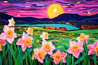 Charming daffodil fields painting outdoors nature.