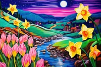 Charming daffodil fields painting outdoors flower.