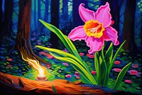 A blooming spring daffodil flower in a forest outdoors painting purple.