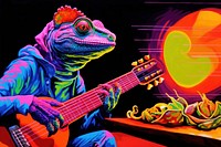 A chameleon lizard musician playing guitar reptile representation entertainment.
