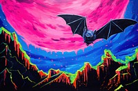 A large black bat flying through a dark sky painting purple blue.