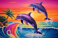 Dolphins jumping out of the ocean at sunset outdoors painting animal.