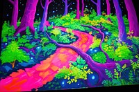 Forest path with trees covered with ivy and moss painting purple pattern.