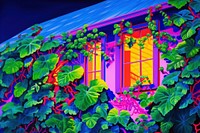 Facade of house overgrown by ivy purple green painting.