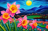 Field of daffodil flower painting outdoors nature.
