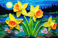 Field of daffodil flower painting yellow plant.