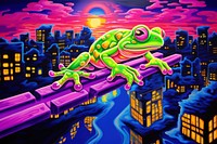 Frog running in night city purple frog representation.