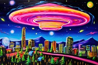 Massive ufo Flying saucer hovering over large city outdoors painting purple.