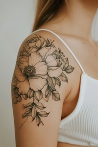 Photo of a female upper arm with flower tattoo midsection creativity hairstyle.