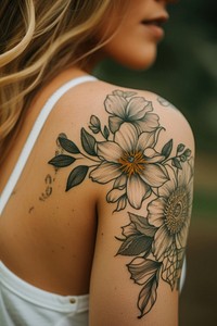 Photo of a female upper arm with flower tattoo skin inflorescence individuality.