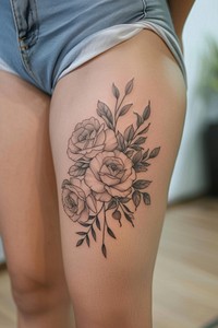 Photo of a female upper leg with flower tattoo midsection creativity freshness.