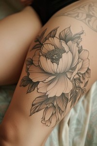 Photo of a female upper leg with flower tattoo creativity midsection monochrome.