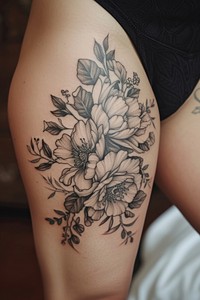 Photo of a female upper leg with flower tattoo individuality creativity midsection.
