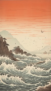 Japanese wood block print illustration of bay outdoors nature ocean.