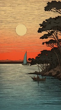 Japanese wood block print illustration of bay watercraft sailboat outdoors.