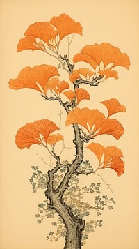 Japanese wood block print illustration of ginkgo tree pattern drawing sketch.