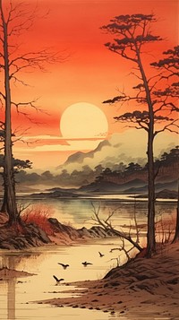 Japanese wood block print illustration of nature landscape outdoors painting sunset.
