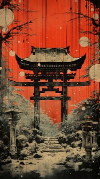 Japanese wood block print illustration of shrine gate spirituality architecture.