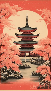 Japanese wood block print illustration of shrine architecture building pagoda.