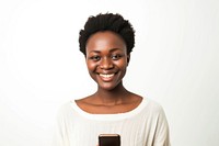 African woman with short haircut holding cellphone portrait smiling adult.