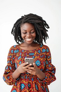 African woman holding cellphone smiling adult photo.