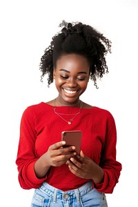 African woman holding cellphone portrait sweater smiling.