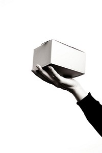 Hand hold beige card box white black white background.