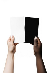 Hand hold beige flat card box finger white black.
