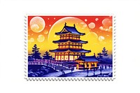 Night Japanese castle postage stamp architecture illuminated.
