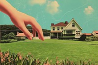 Hand placing suburb house lawn architecture outdoors.