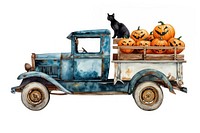 Vintage car watercolor pumpkin vegetable halloween.