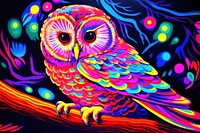 Black light oil painting of owl purple pattern yellow.
