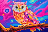 Black light oil painting of owl animal yellow purple.