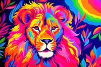 Black light oil painting of lion backgrounds purple yellow.