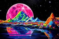 Black light oil painting of moon purple astronomy outdoors.