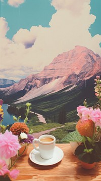 Coffee shop craft collage mountain art landscape.