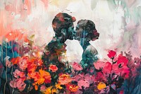 Couple kissing painting flower plant.
