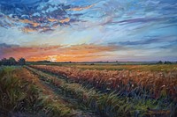 Field at dusk landscape outdoors painting.
