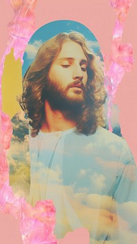 Jesus craft collage portrait painting beard.