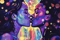 Lesbian black couple kiss painting purple art.
